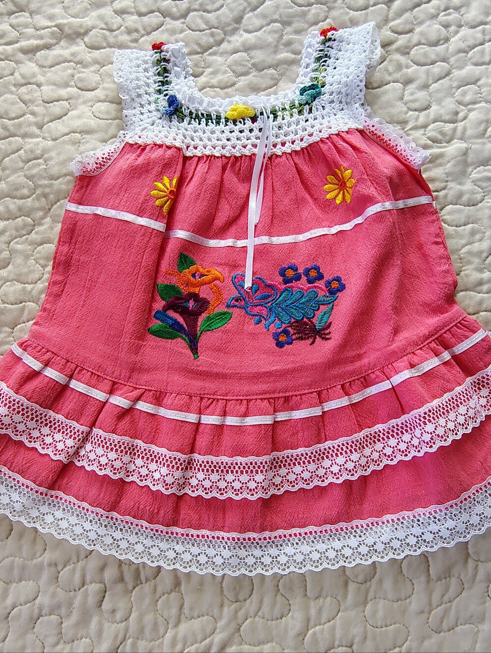 Pink Floral Hand Embroidered Lace Baby Dress | Size 0 | Made in Ecuador